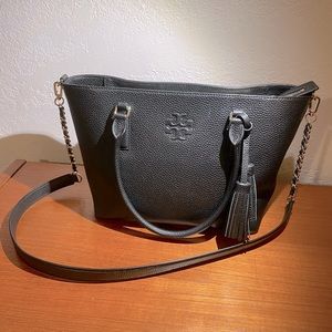 Tory Burch Black Pebbled Leather Thea Small Convertible Tote Bag